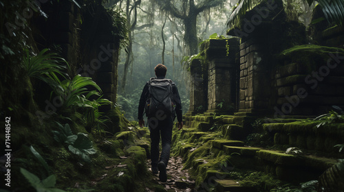 A captivating photo of an adventurer deep in a mysterious jungle, questing through tangled vegetation to find ancient ruins, with a palpable sense of exploration and wonder. photo