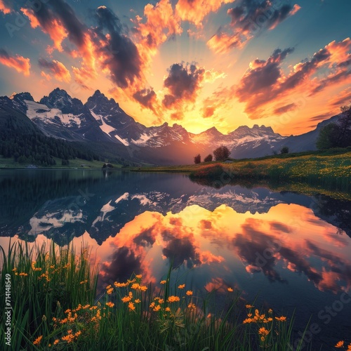 Majestic Sunset Over Lake With Mountain Backdrop