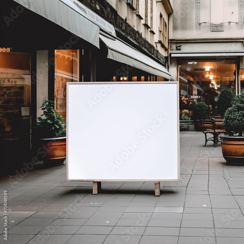 Empty white sign in front of a shop Hyper realistic, organic movement, poster, Instagram, front shot, street scene, style of video art, inspirational, poster, in style of realistic atmosphere, photo t