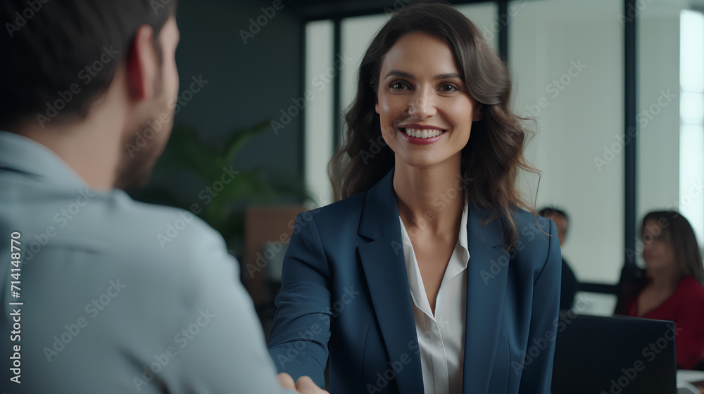 Happy Mid-Aged Business Woman Manager Handshaking at Office Meeting - Job Interview and Contract Deal Happy Mid-Aged Business Woman Manager Handshaking at Office Meeting - Job Interview and Contract Deal