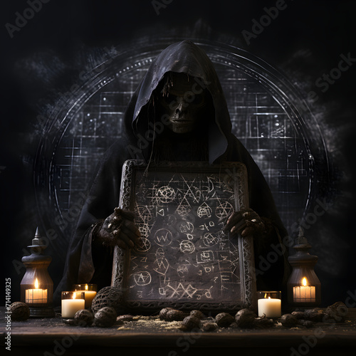 A seance in a dark room with a spirit board isolated on white background, hyperrealism, png
 photo