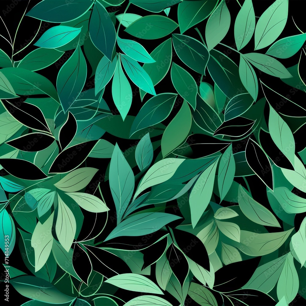Assorted Green Leaves on Black Background