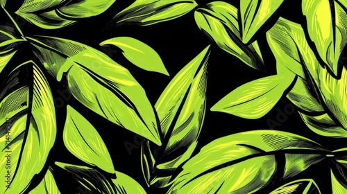 Green Leafy Pattern on Black Background