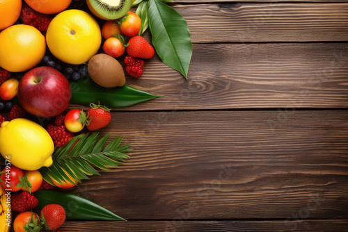 Fruits on wooden background with blank text space
