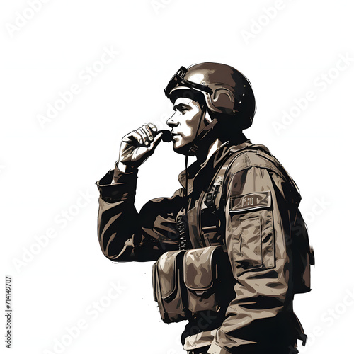 Soldier communicating over a radio or walkie-talkie isolated on white background, hand drawn, png 