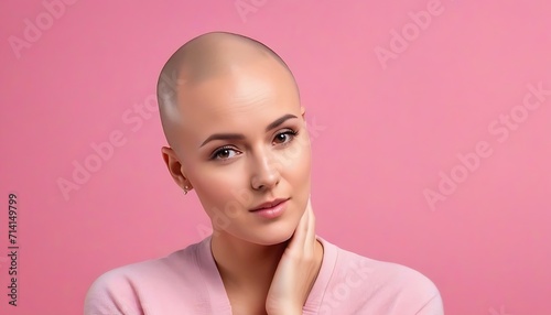young bald woman suffering of cancer on isolated pink background with space for copy concept of world cancer day created with generative ai 