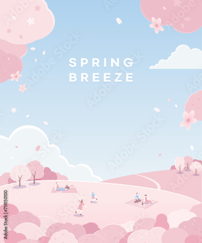 Cherry blossom landscape with picnic people