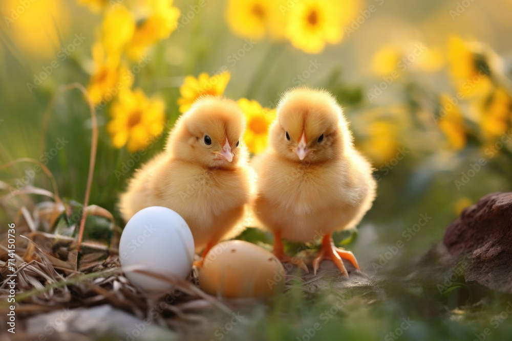 Chickens with eggs among flowers, Easter, time of year spring.