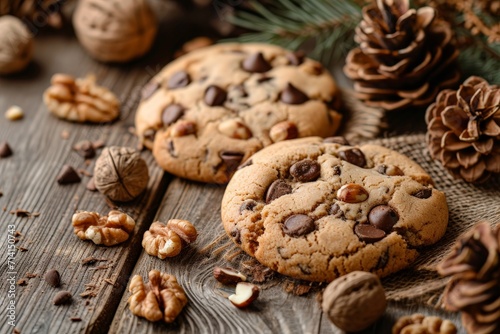 Chocolate Chip Cookies and Nuts on Wooden Table