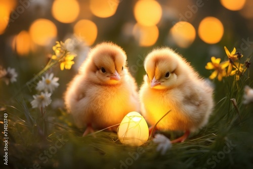Chickens with eggs among flowers, Easter, time of year spring. © Наталья Майшева