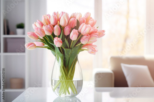 A bouquet of tulips in a vase with a ribbon on a table in a bright room.