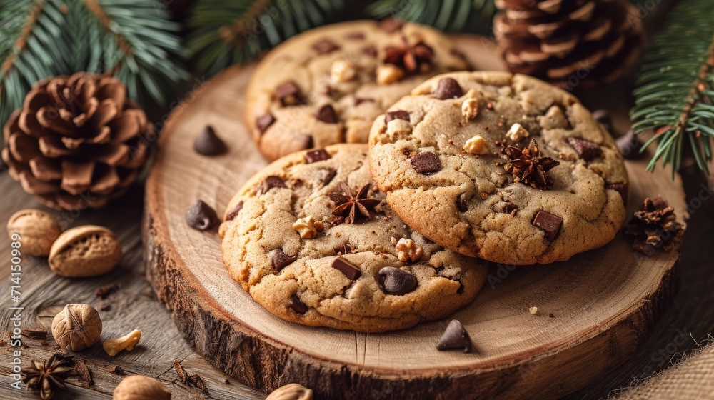 Chocolate Chip Cookies on Wood with Pine Cones