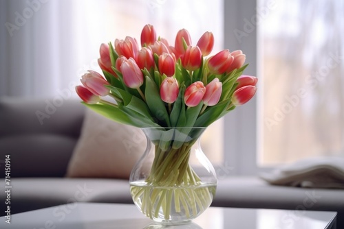 A bouquet of tulips in a vase with a ribbon on a table in a bright room.