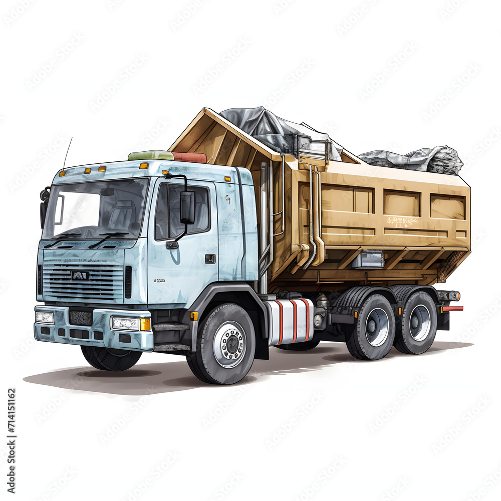 Truck collecting recyclables in a neighborhood isolated on white background, realistic, png
