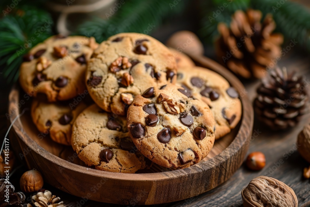 Wooden Bowl Filled With Chocolate Chip Cookies Wooden Bowl Filled With Chocolate Chip Cookies
