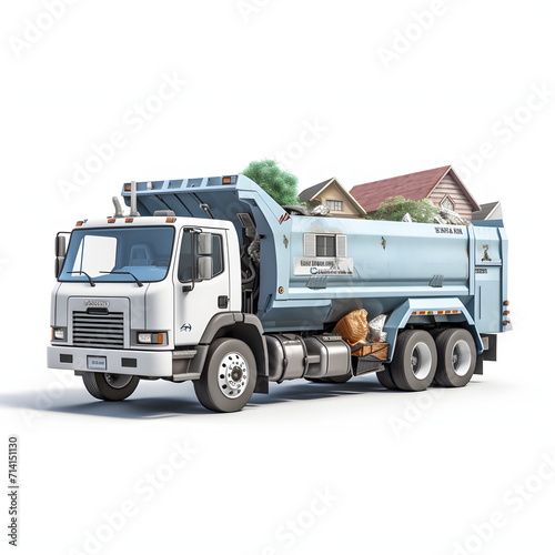 Truck collecting recyclables in a neighborhood isolated on white background, realistic, png 