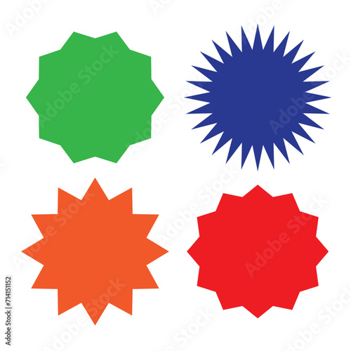 Collection of icons badges starburst, sunburst, label, sticker. 4 different types and differebt colors. Design elements. Vector illustration