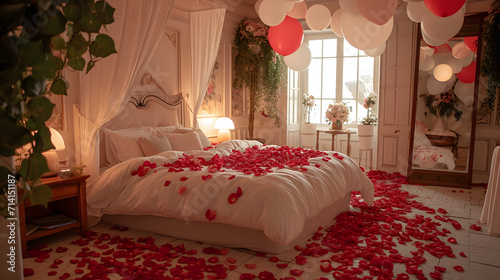 A romantic bedroom setup with white balloons, and rose petals scattered on the bed and floor. © Ammar_53