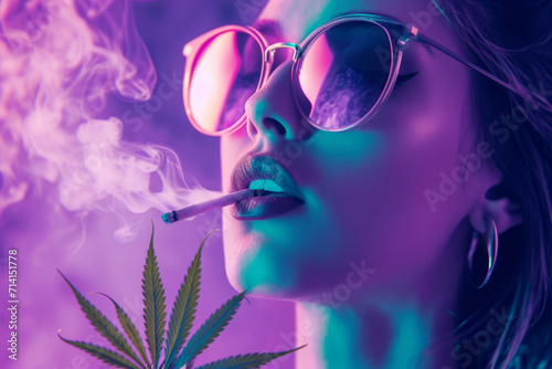 young woman smoking cigar, cannabis leaf, 420 celebration