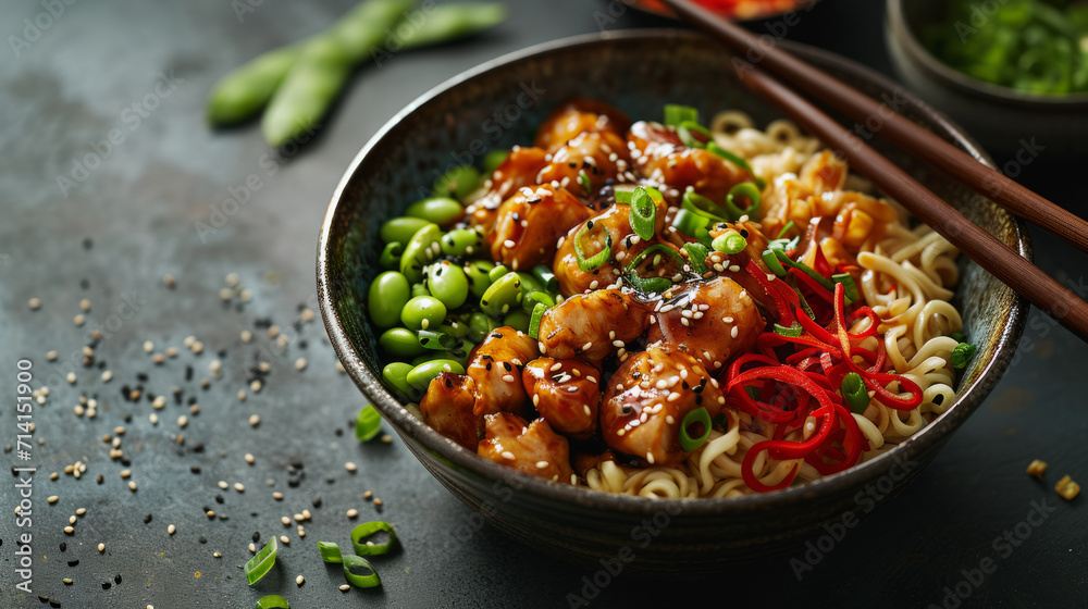 Sesame Chicken Edamame Bowl with noodles, stir-fry