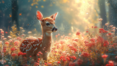 printed illustration of cute deer in the field photo