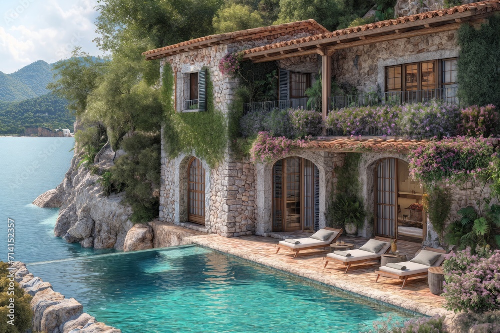 Mediterranean style house with swimming pool and view at sea.