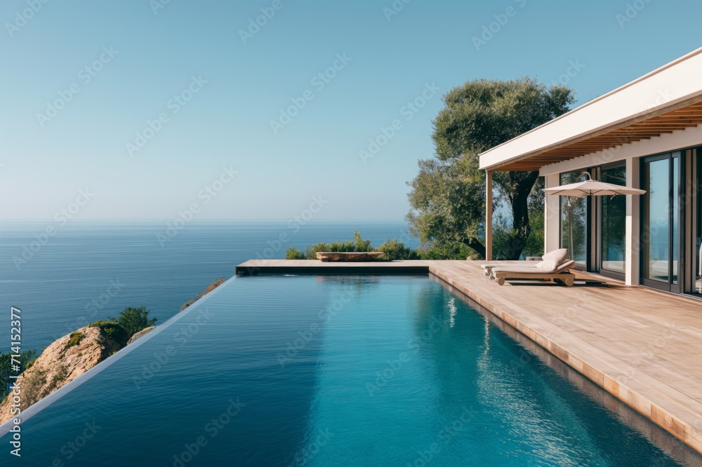 Fototapeta premium Mediterranean one-story house with swimming pool and view at blue sea.
