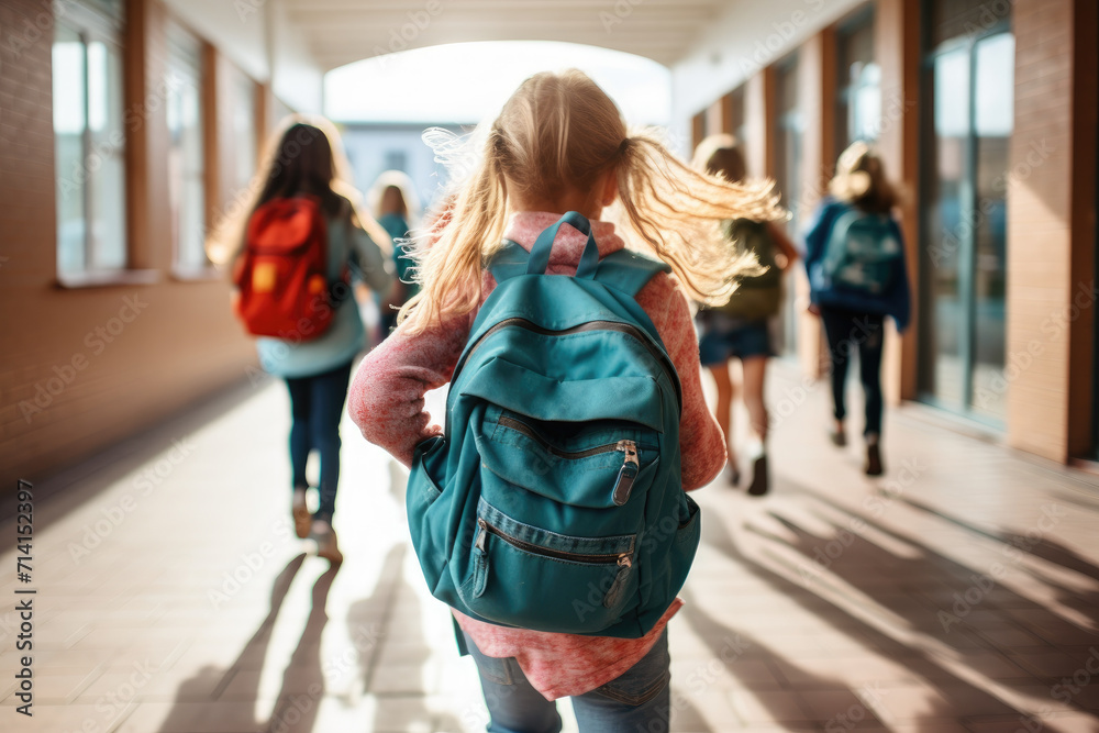 Girl primary school student with backpack facing back running to class. Generative ai