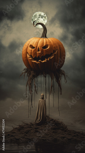 Ghost in front of big pumpkin surreal