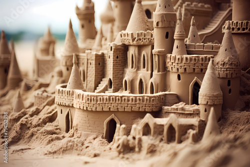 Intricate closeup details of a meticulously crafted sandcastle on the beach come to life, revealing the delicate grains of sand intricately arranged to form a miniature architectural marvel