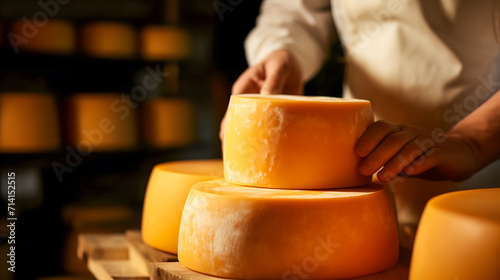 Un fromager en train de contrôler la qualité d'affinage du fromage. En arrière plan, des étagères en bois avec des meules. © Gautierbzh