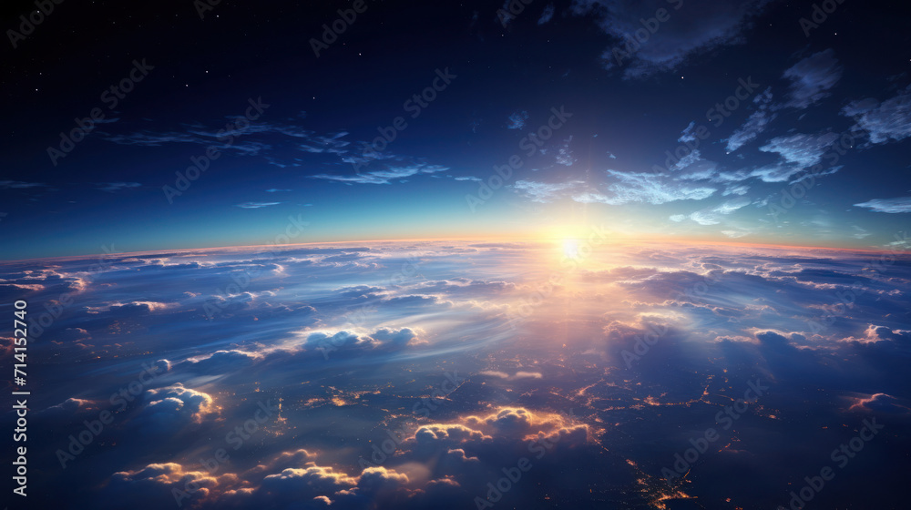 Panoramic space snapshot of Earths brilliance, with luminous city lights and the ethereal choreography of light clouds capturing the essence of diverse seasons Panoramic space snapshot of Earths brilliance, with luminous city lights and the ethereal choreography of light clouds capturing the essence of diverse seasons