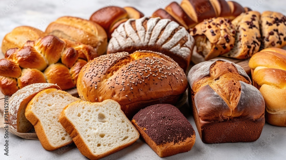 Gluten-free bread and pastries assortment on a white surface, catering to healthy lifestyle choices