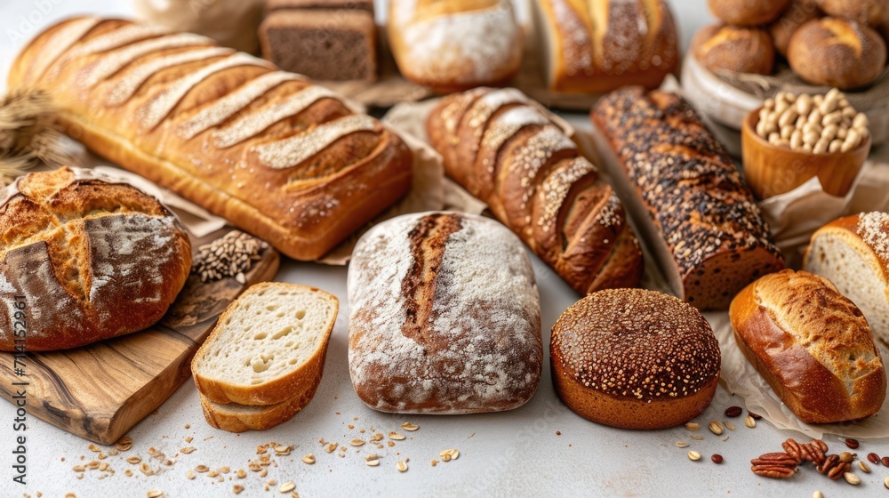 Gluten-free bread and pastries assortment on a white surface, catering to healthy lifestyle choices