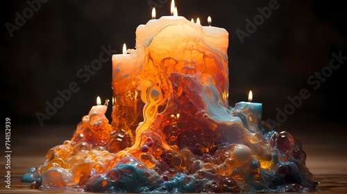 A top view of a melting candle with a mixture of warm colors, capturing the mesmerizing blend of melted wax.