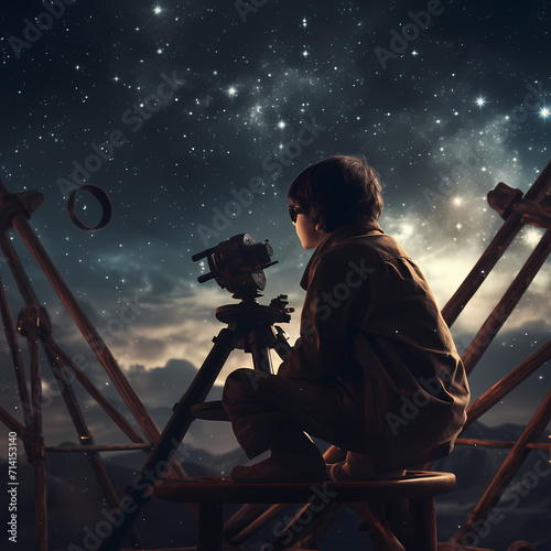 Print op canvas Young astronomer observing the night sky through a telescope