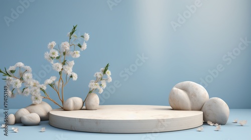 White marble podium and white flowers on blue background.