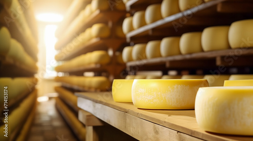 Des meules de fromage sur une étagère en bois. photo