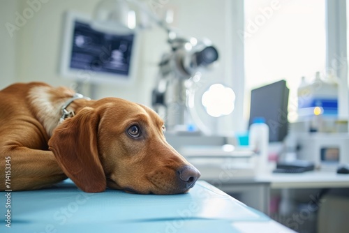 The dog in a veterinarian's office during a doctor's appointment. The dog lies on the table in the medical office. AI generative © tiena