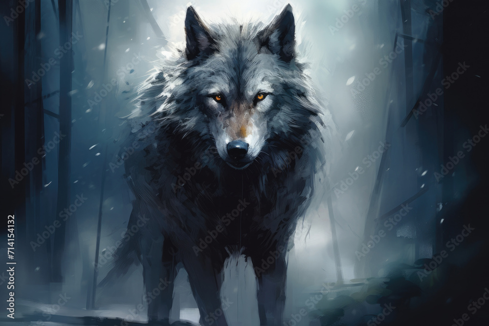 Gray colored wolf in dark moody forest