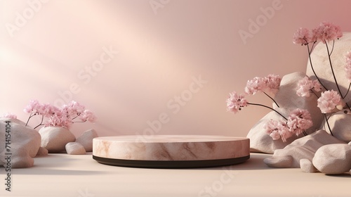 3D render of marble podium with pink cherry blossom flowers on pastel background. photo