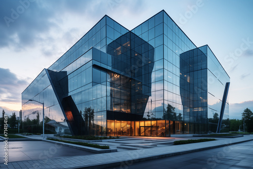 Modern Office Building With Glass Facade at Sunset
