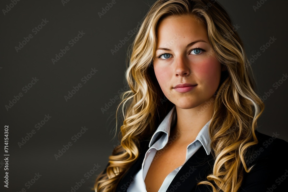 Fototapeta premium Professional portrait of a young confident businesswoman with blonde curly hair in a smart blazer and white shirt.