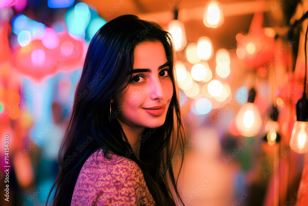 Smiling young woman with a vibrant glow of colorful city lights in the background at night.