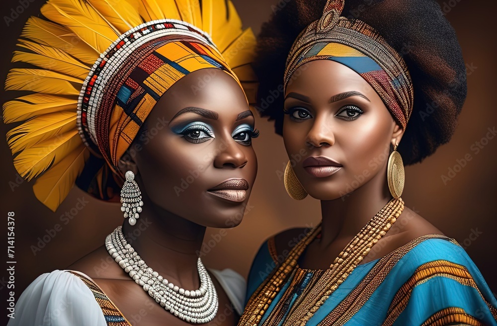 Portrait of two beautiful African woman in national costumes smiling at camera isolated on dark yellow background
