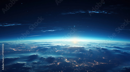 Earths radiant beauty in a panoramic space view,  featuring gleaming city lights and the gentle play of light clouds across seasons