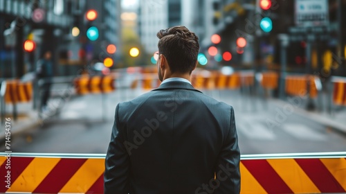 A determined businessman in a suit stands halted before a symbolic barrier, representing obstacles such as sanctions, economic challenges, or a potential business deadlock. photo