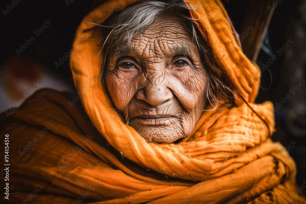 A close-up portrait of an elderly woman with a warm expression, wrapped in a traditional orange scarf, conveying wisdom and a lifetime of experiences.