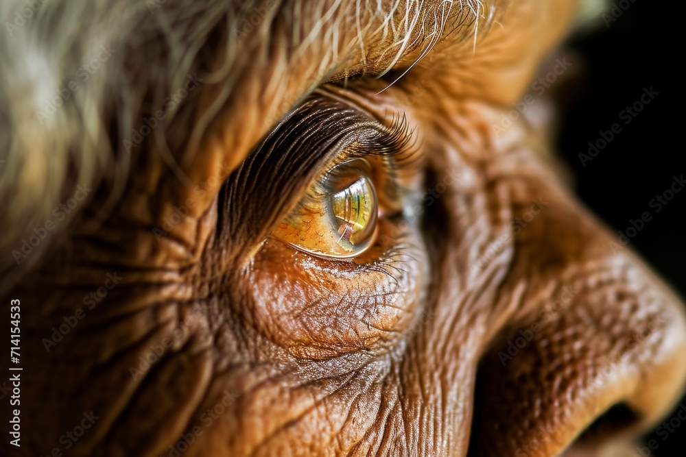 Obraz premium Close-up of a senior person's eye with intense gaze and detailed wrinkles, showing age and wisdom.