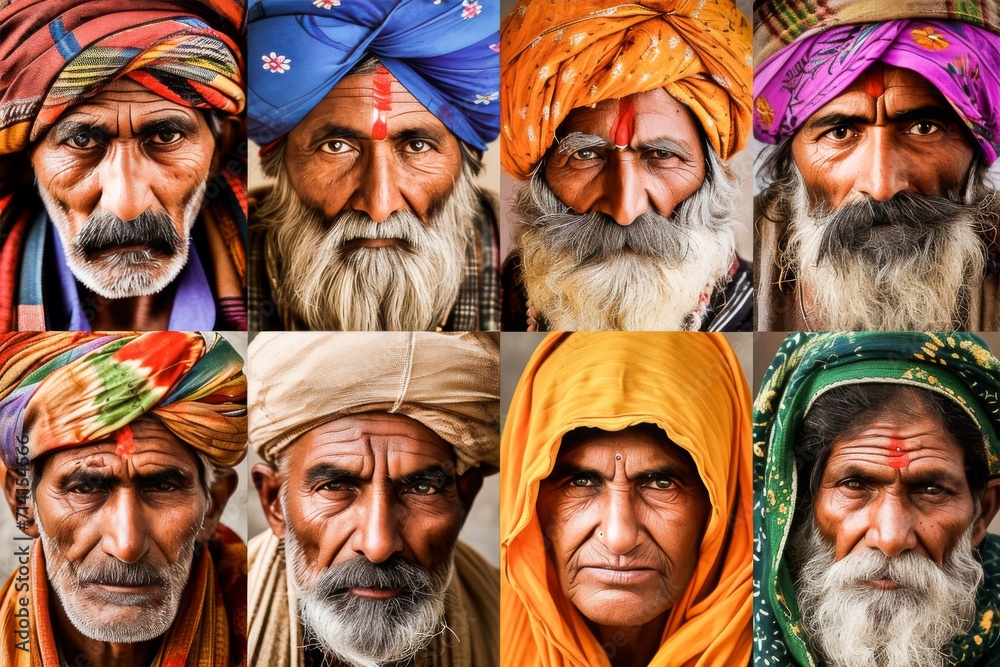 A collage of expressive portraits showcasing the diverse and colorful traditional turbans worn by elderly Indian men.